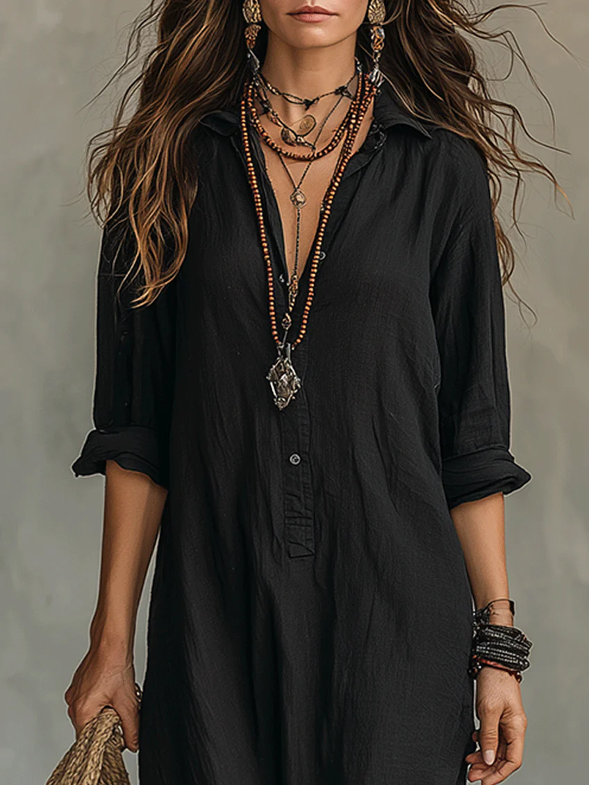 Soline | Loose-Fitting Black Long Dress with Buttons