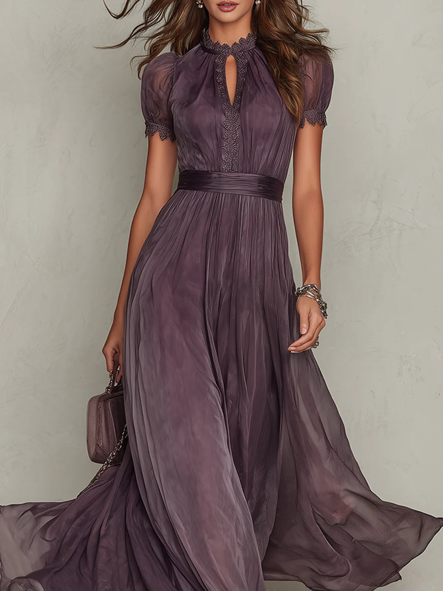 Flavia | Long purple dress with a keyhole neckline and chiffon lace trim