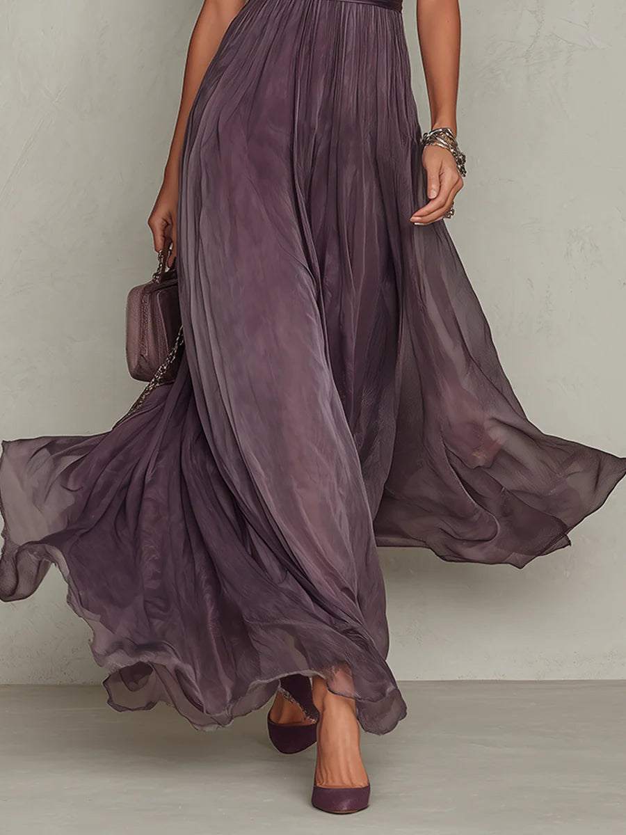 Flavia | Long purple dress with a keyhole neckline and chiffon lace trim
