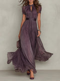 Flavia | Long purple dress with a keyhole neckline and chiffon lace trim