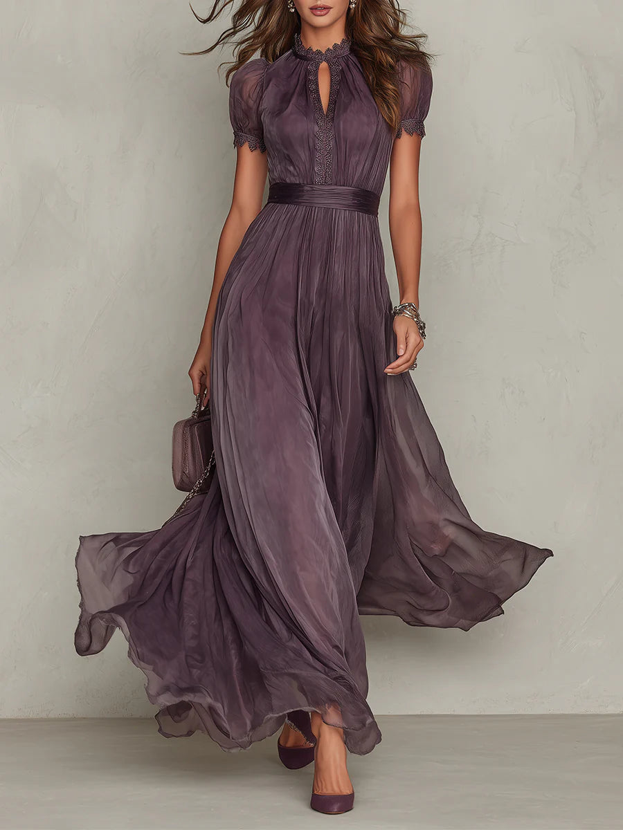 Flavia | Long purple dress with a keyhole neckline and chiffon lace trim