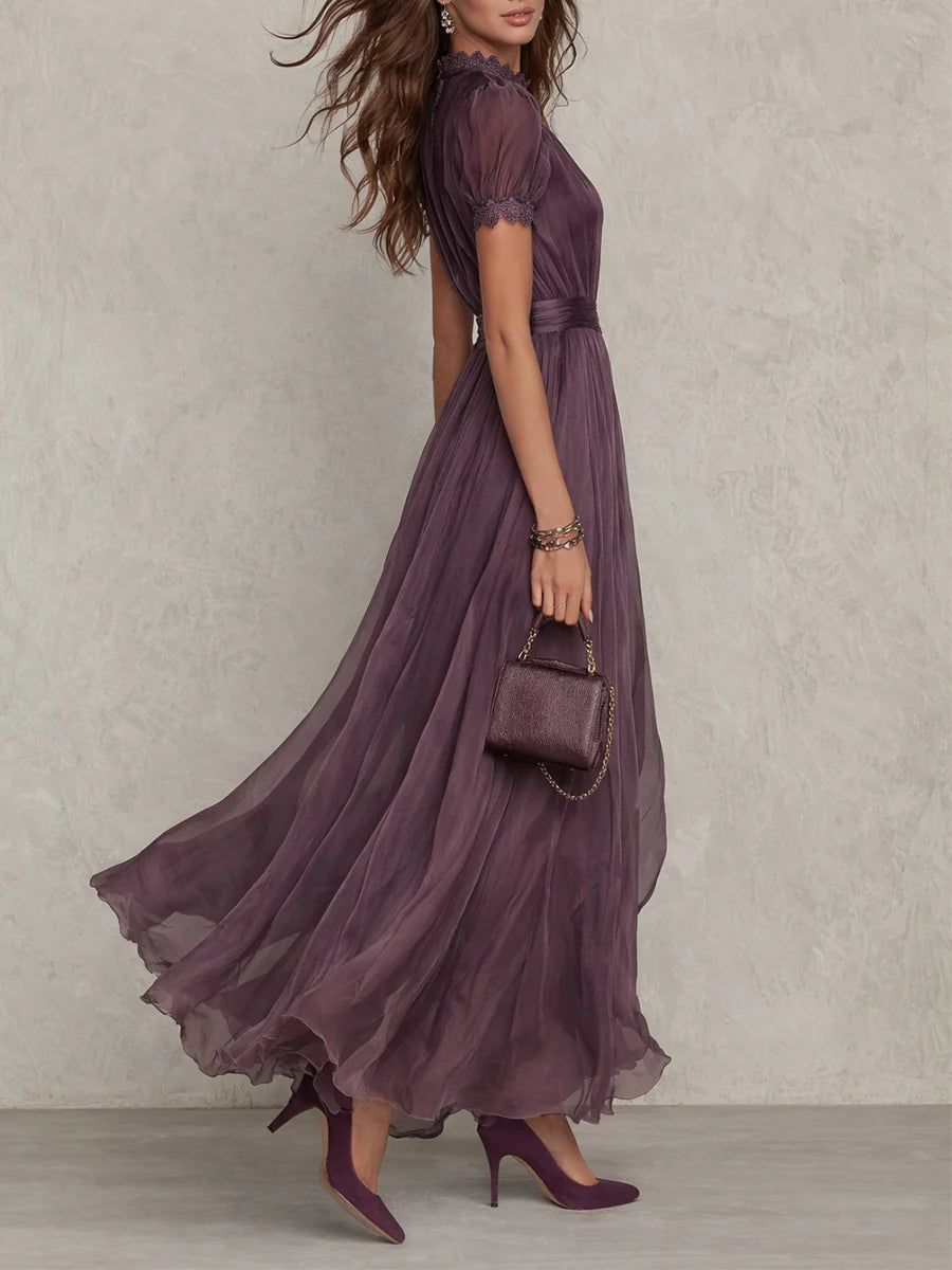 Flavia | Long purple dress with a keyhole neckline and chiffon lace trim