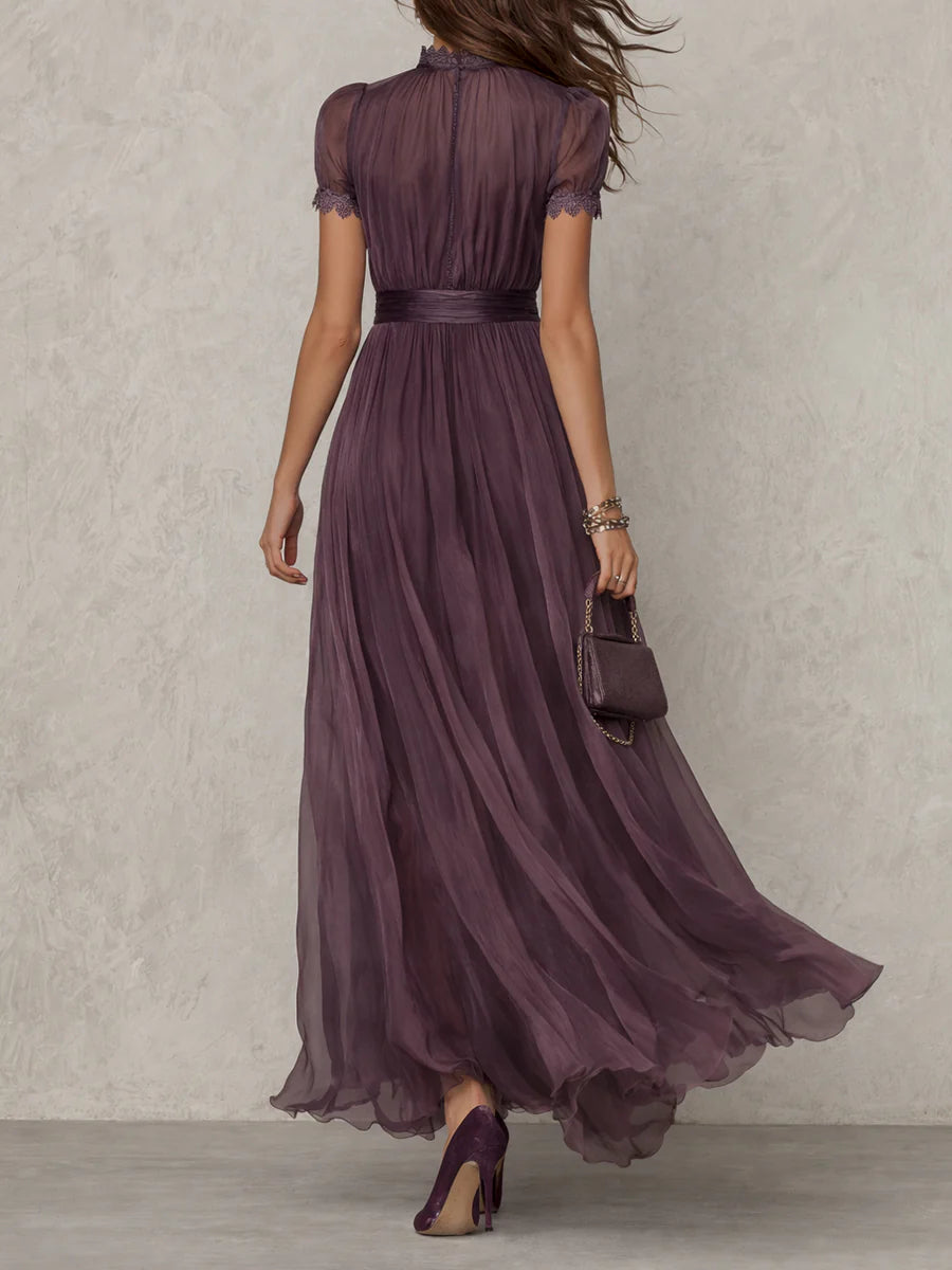 Flavia | Long purple dress with a keyhole neckline and chiffon lace trim
