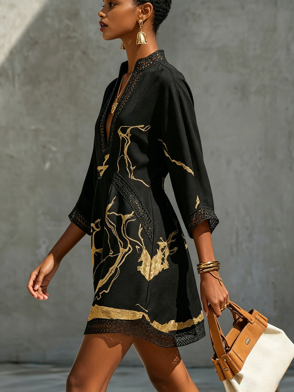 Donatella | Black Mini Dress with Gold Marble Print & Crochet Lace Trim