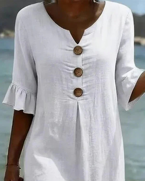 Vanesa | Textured Linen Dress with Puff Sleeves and Buttons