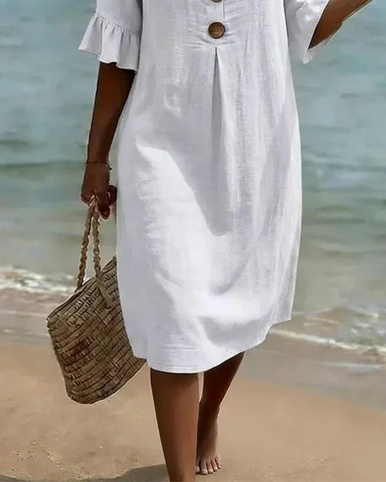 Vanesa | Textured Linen Dress with Puff Sleeves and Buttons
