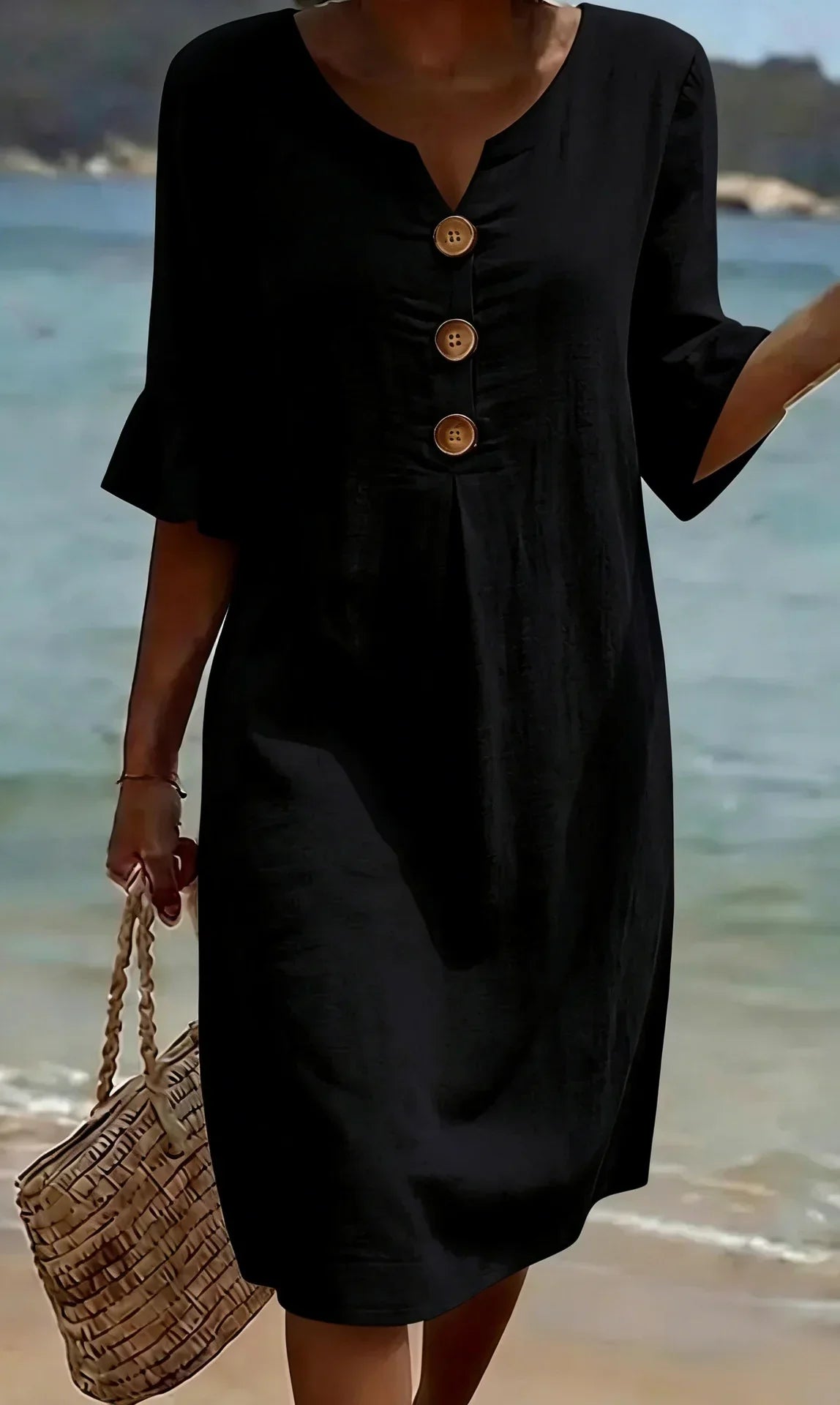 Vanesa | Textured Linen Dress with Puff Sleeves and Buttons
