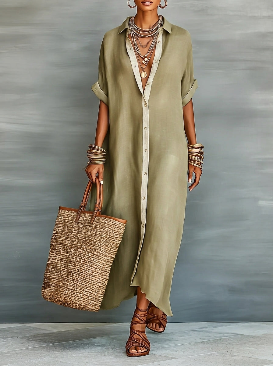Manelle | Robe Longue Vert Olive Aux Lignes Minimalistes