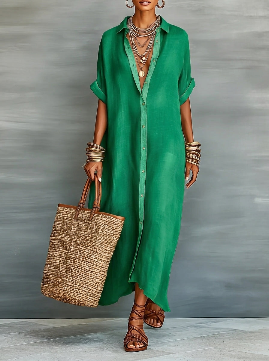 Manelle | Robe Longue Vert Olive Aux Lignes Minimalistes