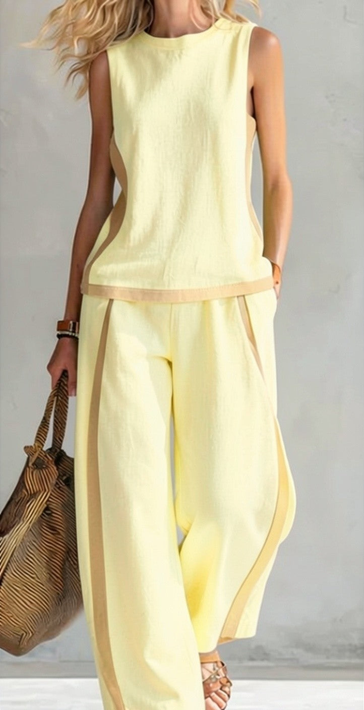 Ursula - An elegant yet casual set featuring a vest and pants with two-tone detailing