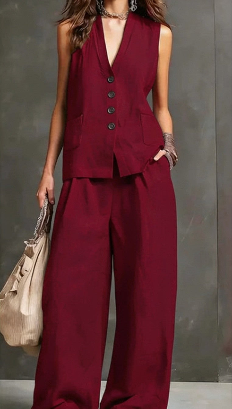 Two-piece cotton and linen set with a sleeveless vest and wide-leg pants