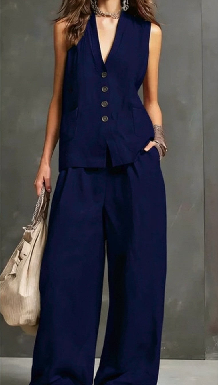 Two-piece cotton and linen set with a sleeveless vest and wide-leg pants