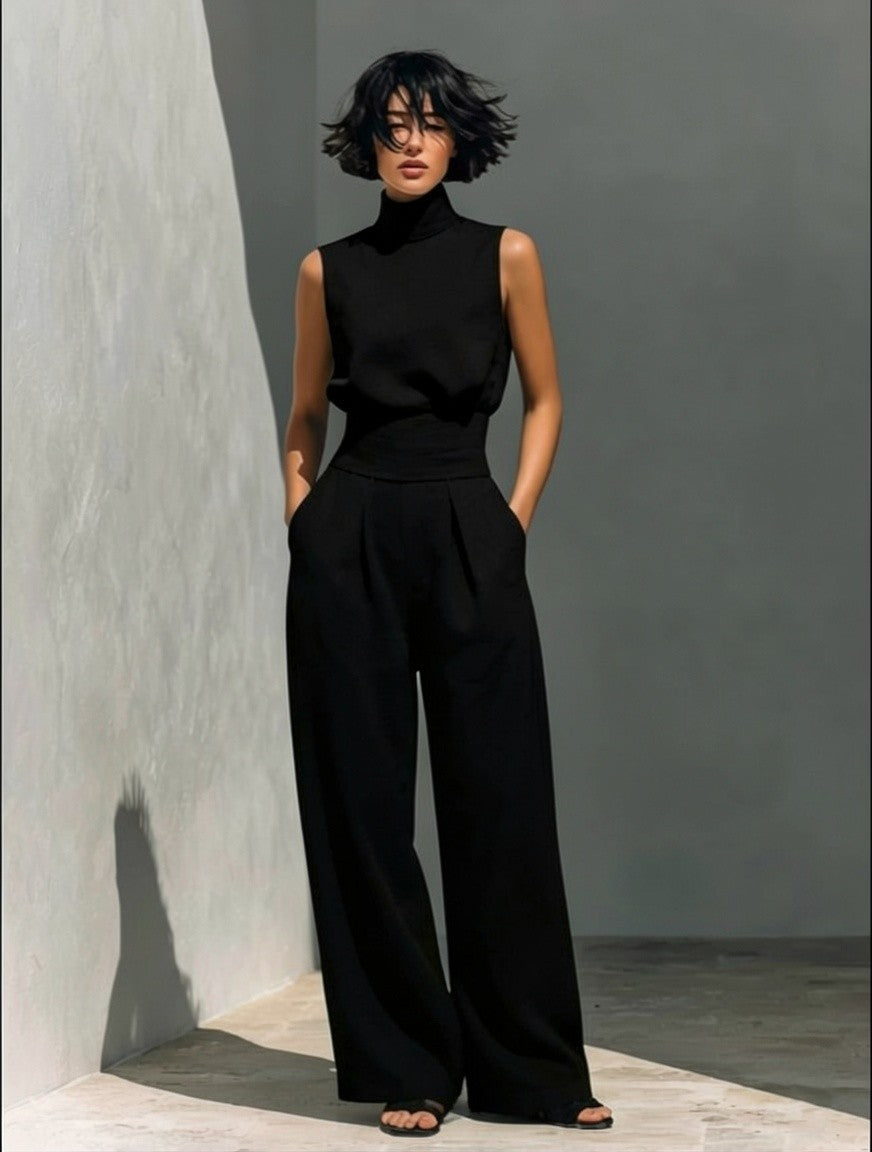 A set consisting of a sleeveless blouse and wide-leg pants made of a cotton-linen blend.