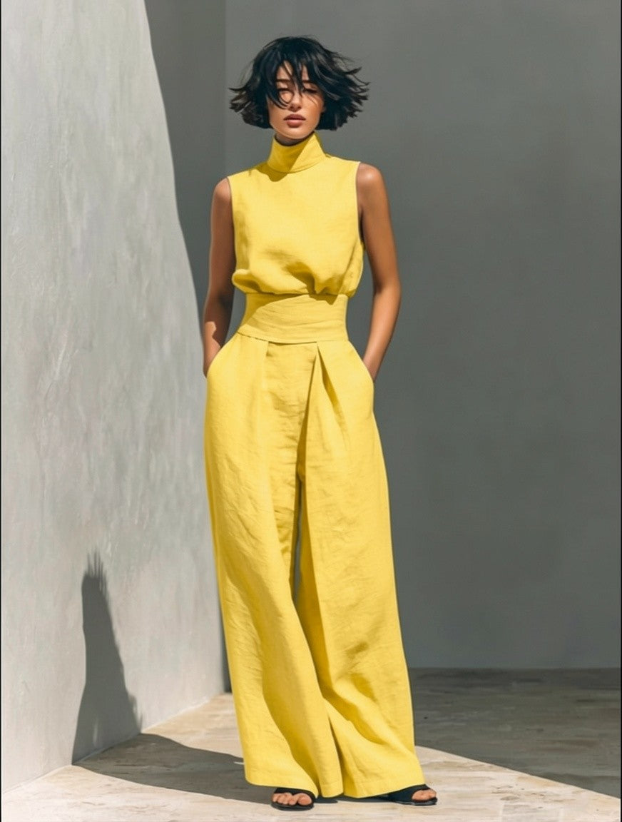 A set consisting of a sleeveless blouse and wide-leg pants made of a cotton-linen blend.