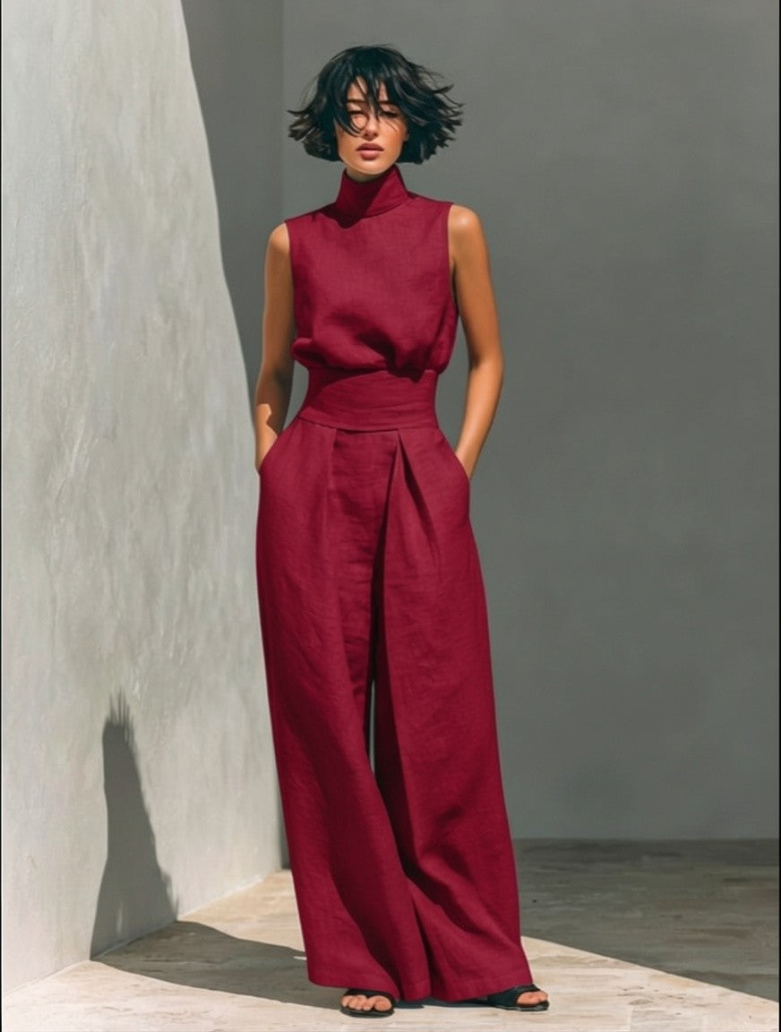 A set consisting of a sleeveless blouse and wide-leg pants made of a cotton-linen blend.