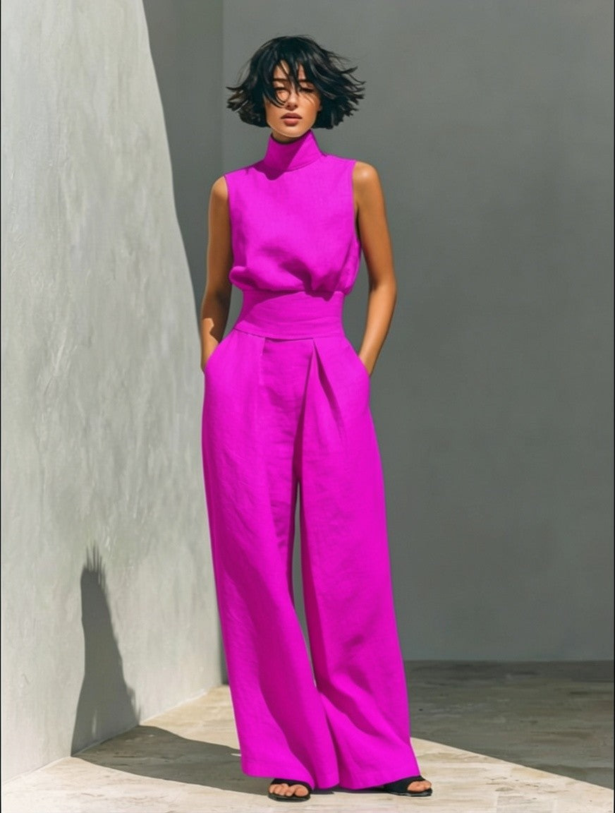 A set consisting of a sleeveless blouse and wide-leg pants made of a cotton-linen blend.