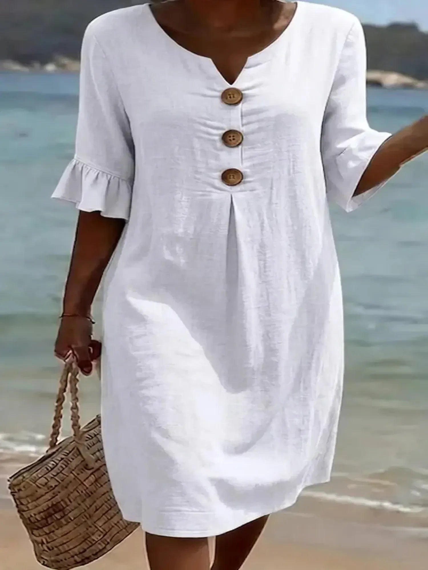 Vanesa | Textured Linen Dress with Puff Sleeves and Buttons