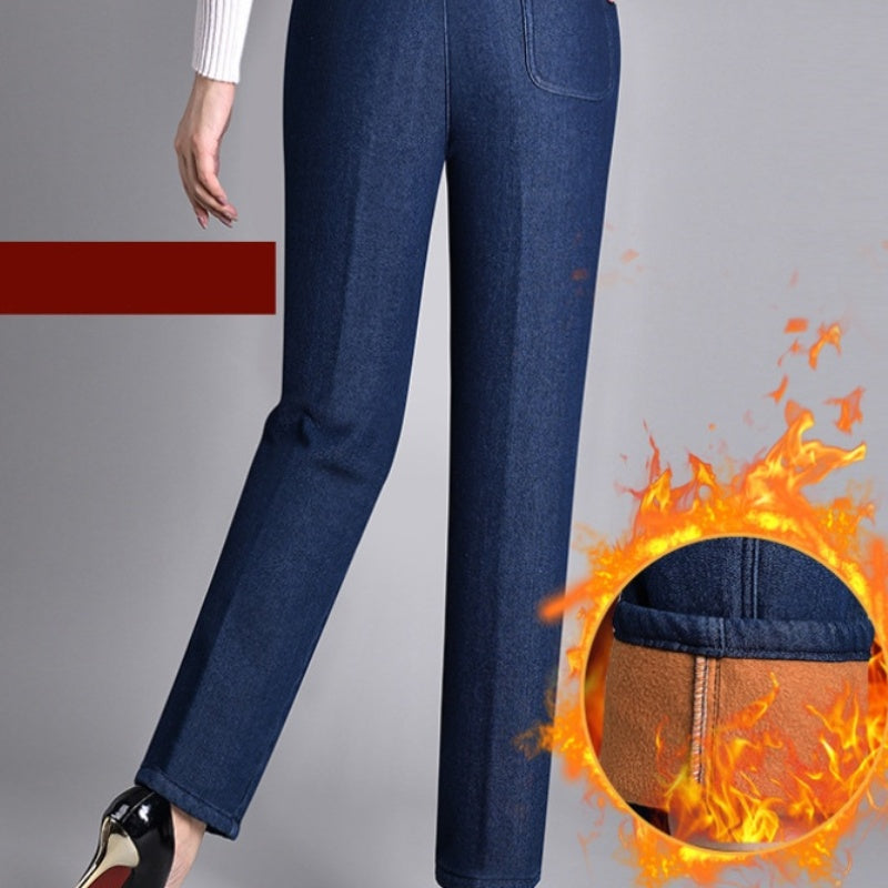 Women's jeans with side pockets and an elastic waistband