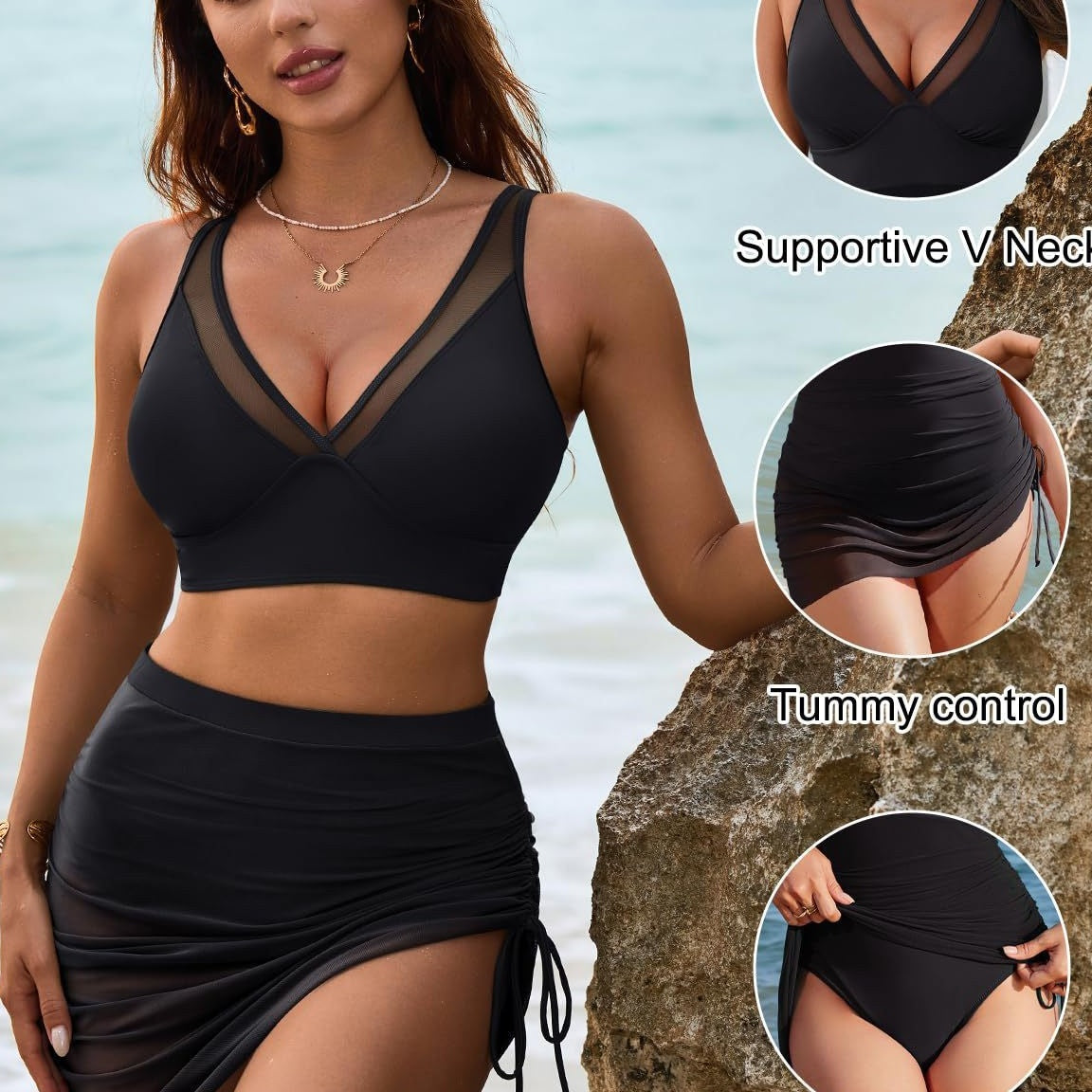 High-Waisted Bikini Set with Skirt & Mesh Details