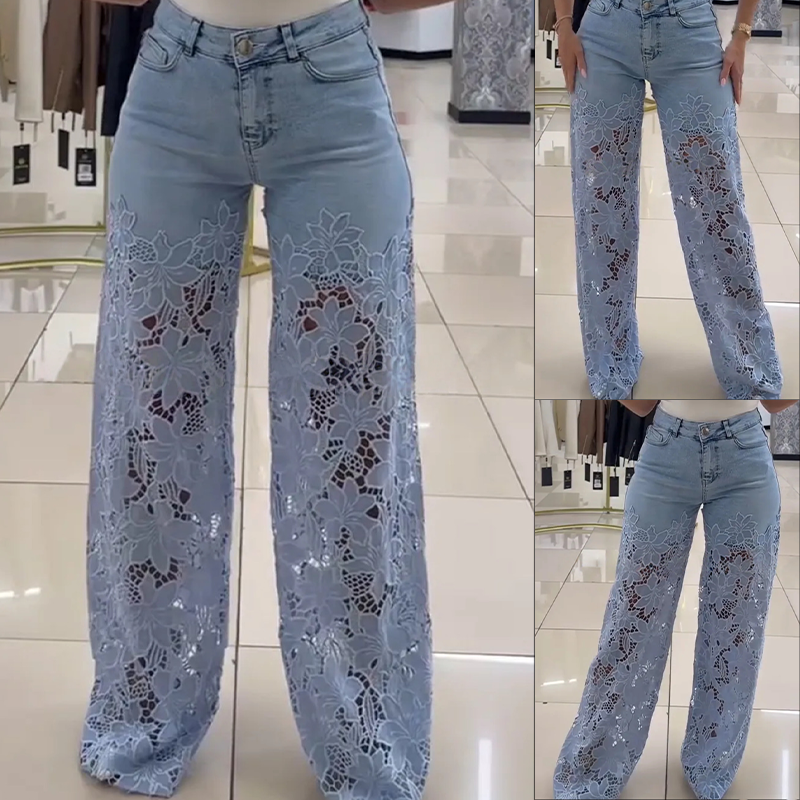 Patchwork denim jeans with trendy lace