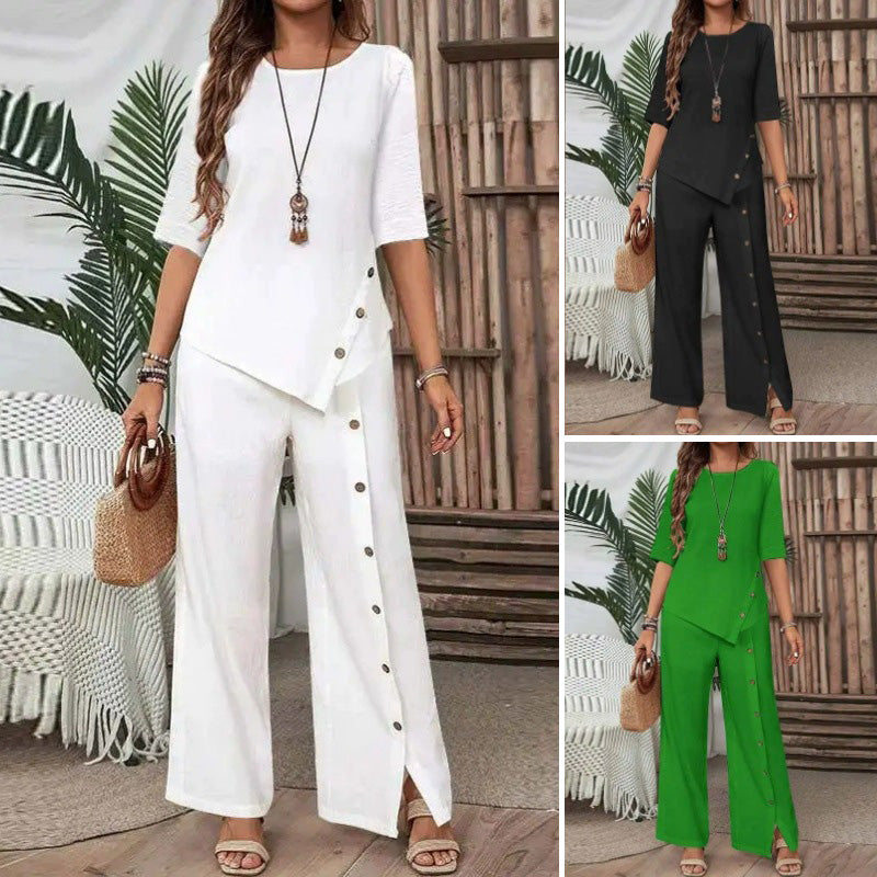 Women's Two-Piece Set – Top with Asymmetrical Hem & Wide-Leg Pants
