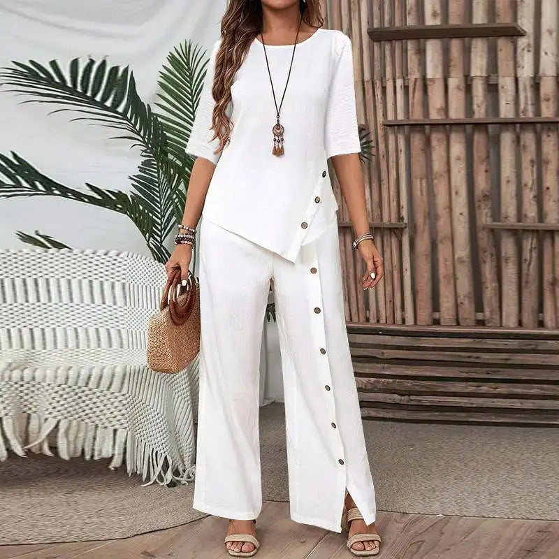 Women's Two-Piece Set – Top with Asymmetrical Hem & Wide-Leg Pants