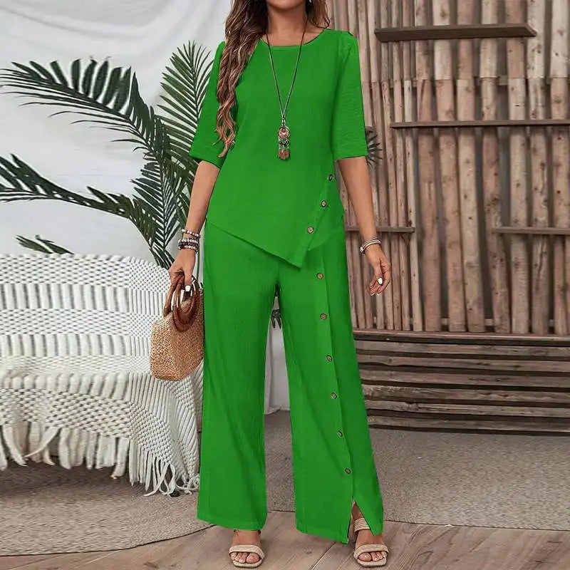 Women's Two-Piece Set – Top with Asymmetrical Hem & Wide-Leg Pants