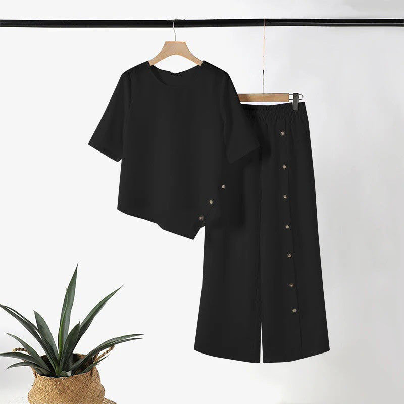 Women's Two-Piece Set – Top with Asymmetrical Hem & Wide-Leg Pants