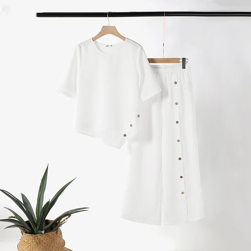 Women's Two-Piece Set – Top with Asymmetrical Hem & Wide-Leg Pants