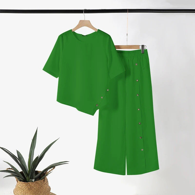 Women's Two-Piece Set – Top with Asymmetrical Hem & Wide-Leg Pants