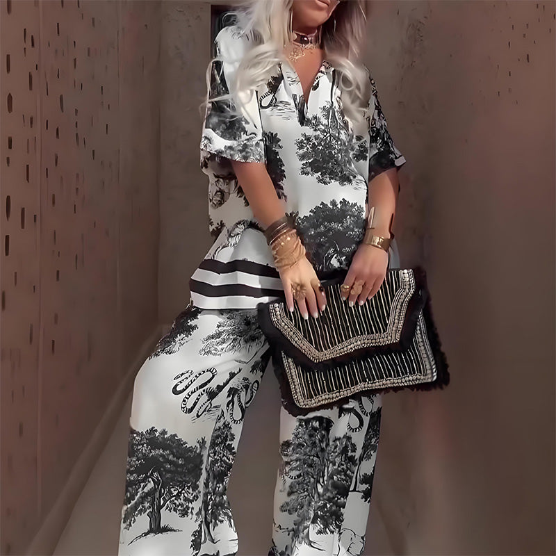 V-Neck Print Top + Long Pants – A Lightweight, Elegant Summer Look