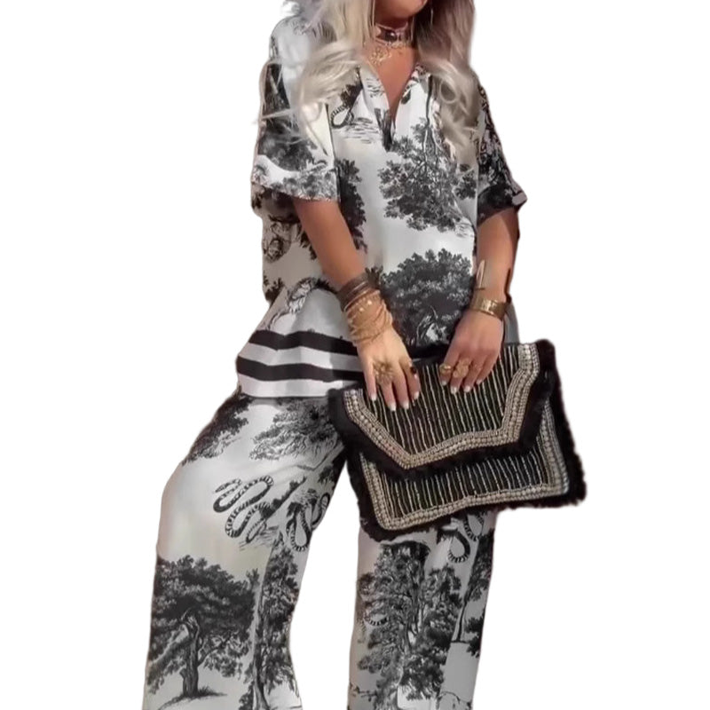 V-Neck Print Top + Long Pants – A Lightweight, Elegant Summer Look