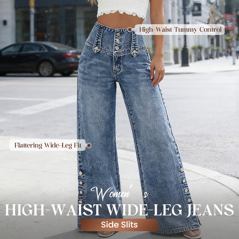 High-Waisted Wide-Leg Jeans – Ventilated Side Slits & Stretch Denim
