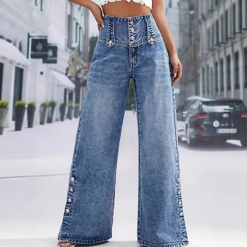 High-Waisted Wide-Leg Jeans – Ventilated Side Slits & Stretch Denim
