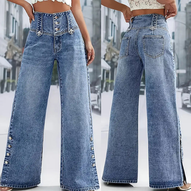 High-Waisted Wide-Leg Jeans – Ventilated Side Slits & Stretch Denim