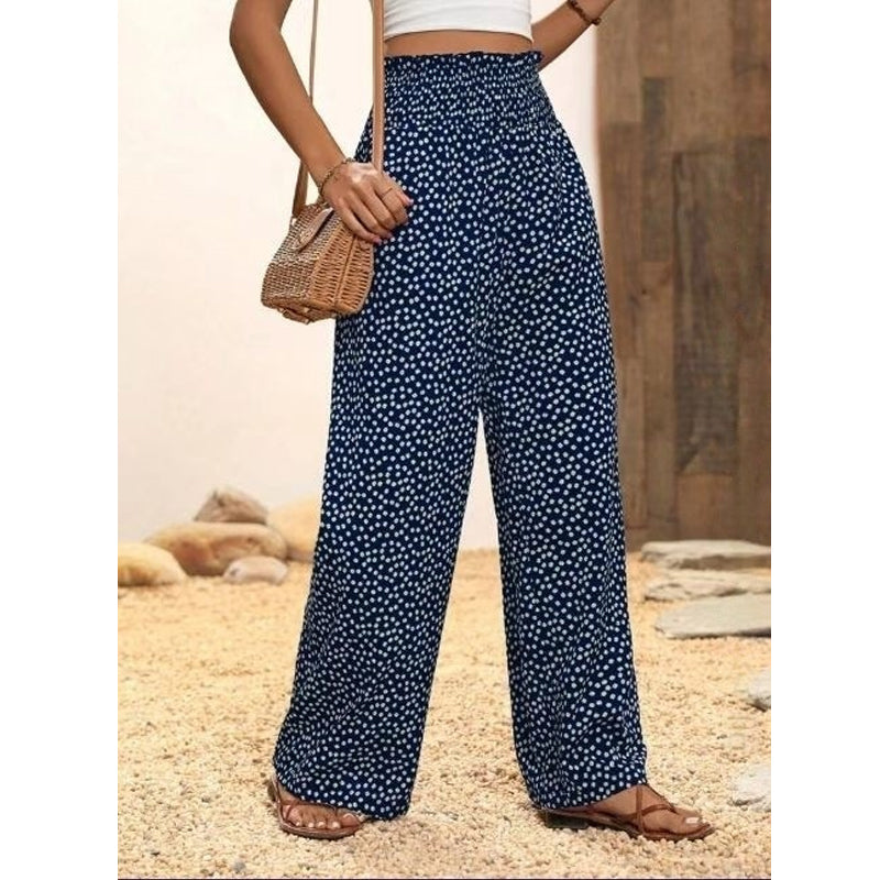 Women's high-waisted, smocked wide-leg pants