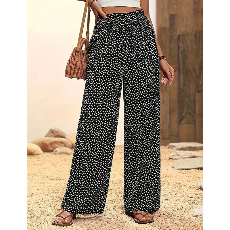 Women's high-waisted, smocked wide-leg pants