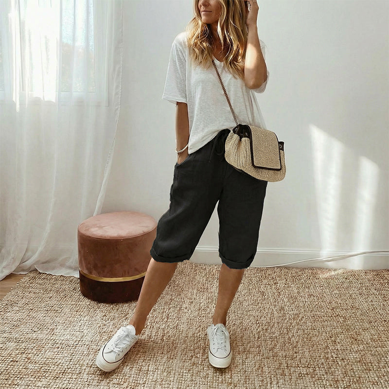 Casual cotton and linen capri pants for women