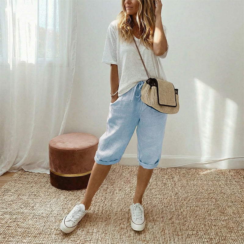 Casual cotton and linen capri pants for women