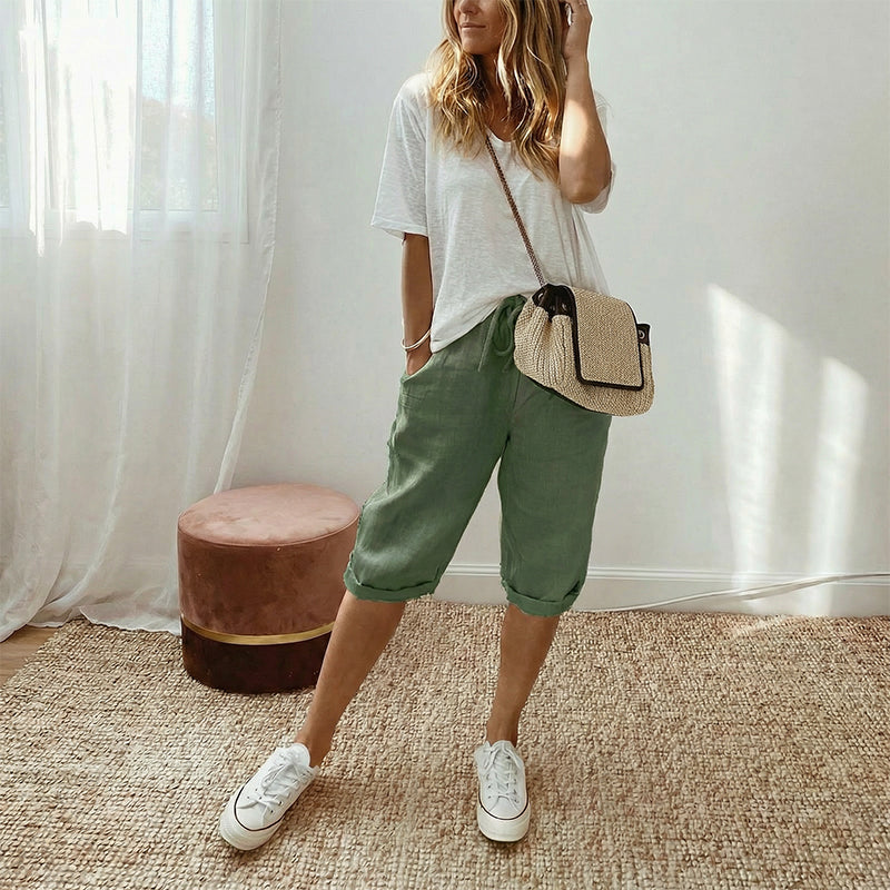 Casual cotton and linen capri pants for women