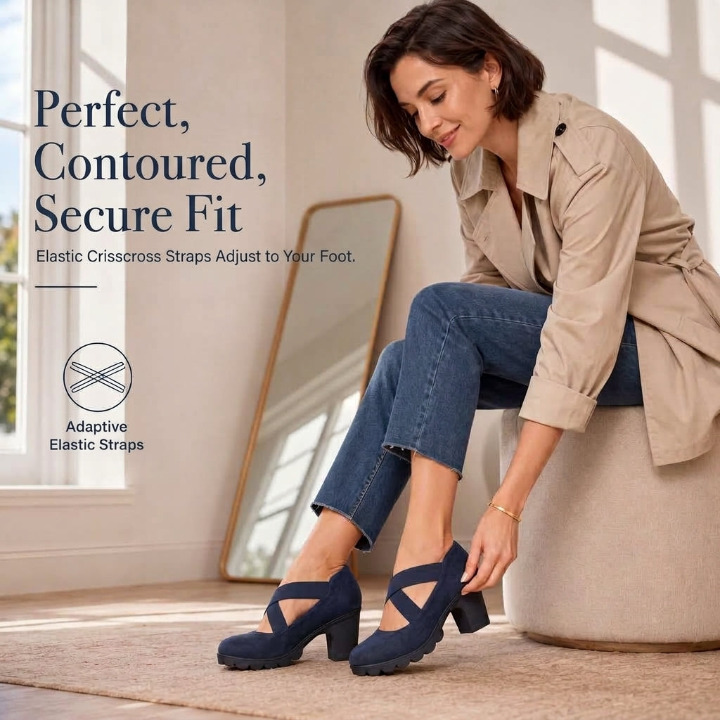 Women’s Mary Jane Shoes with Round Toe, Crisscross Straps, Block Heel, Platform, and Cut-Out Details, High Heels