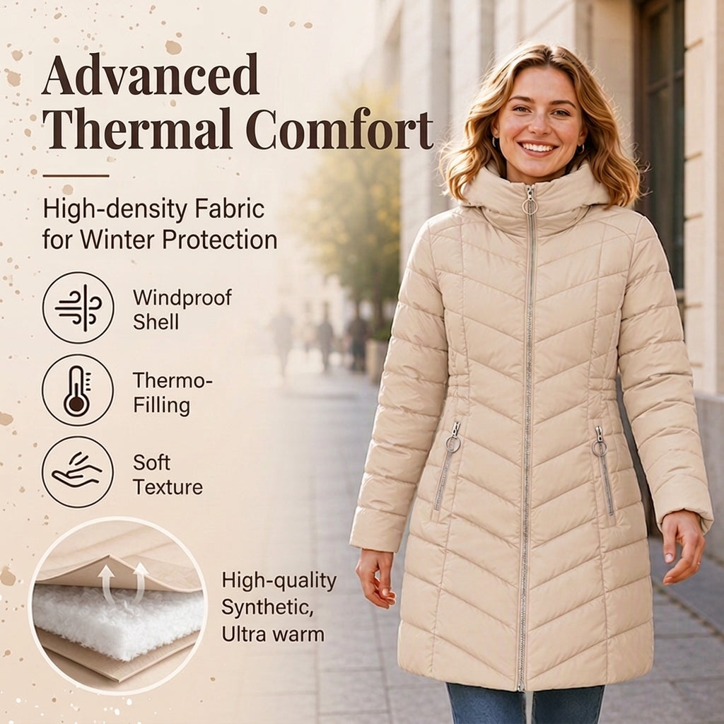 Women's winter coat with hood and insulation