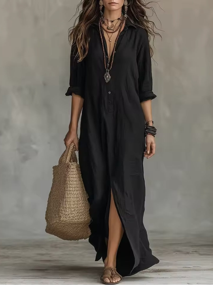 Soline | Loose-Fitting Black Long Dress with Buttons